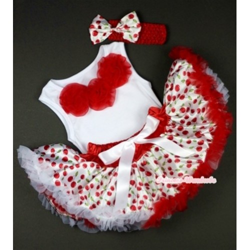 White Baby Pettitop with Red Rosettes with White Cherry Newborn Pettiskirt &Red Headband White Cherry Bow 3PC Set NG1028 