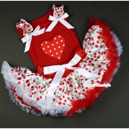 Red Baby Pettitop In Red White Polka Dots Heart Print with White Cherry Ruffles White Bow with White Cherry Baby Pettiskirt NG1040 