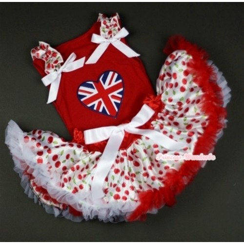 Red Baby Pettitop In Patriotic Britain Heart Print with White Cherry Ruffles White Bow with White Cherry Baby Pettiskirt NG1043 