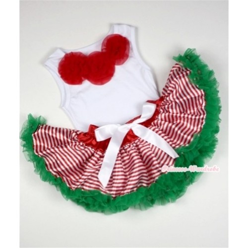 White Baby Pettitop with Red Rosettes with Red White Striped mix Christmas Green Newborn Pettiskirt NG1047 