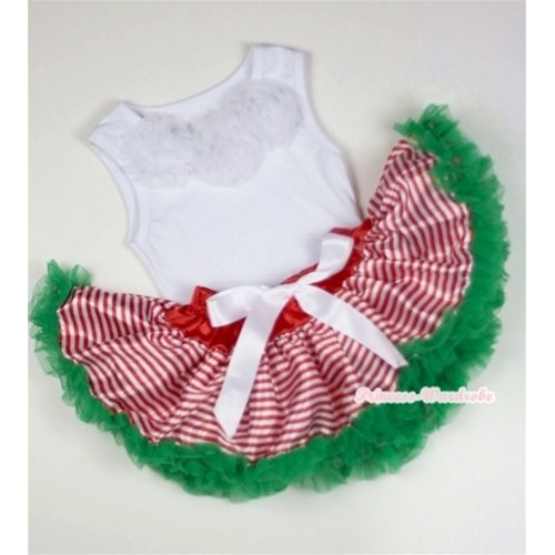 White Baby Pettitop with White Rosettes with Red White Striped mix Christmas Green Newborn Pettiskirt NG1048 