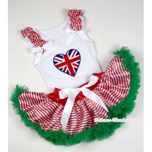 White Baby Pettitop with Patriotic Britain Heart Print with Red White Striped Ruffles & White Bows with Red White Striped mix Christmas Green Newborn Pettiskirt NN20 