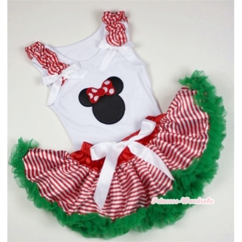 White Baby Pettitop with Minnie Print with Red White Striped Ruffles & White Bows with Red White Striped mix Christmas Green Newborn Pettiskirt NN21 