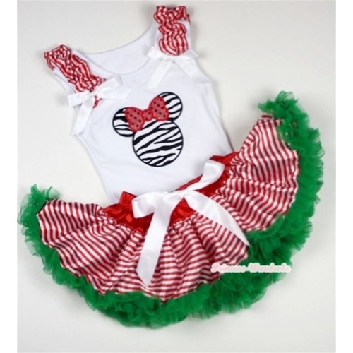White Baby Pettitop with Zebra Minnie Print with Red White Striped Ruffles & White Bows with Red White Striped mix Christmas Green Newborn Pettiskirt NN22 
