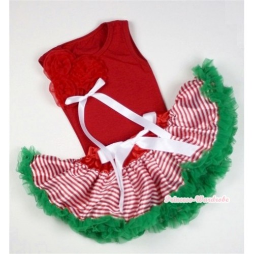 Red Baby Pettitop & Bunch of Red Rosettes & White Bow with Red White Striped mix Christmas Green Baby Pettiskirt NG1063 