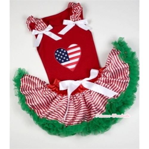 Red Baby Pettitop In America Flag Heart Print with Red White Striped Ruffles White Bow with Red White Striped mix Christmas Green Baby Pettiskirt NG1054 