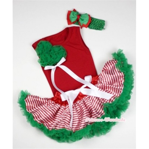 Red Baby Pettitop with Bunch of Kelly Green Rosettes&White Bow with Red White Striped mix Christmas Green Newborn Pettiskirt &Green Headband Red Green Bow 3PC Set NG1068 
