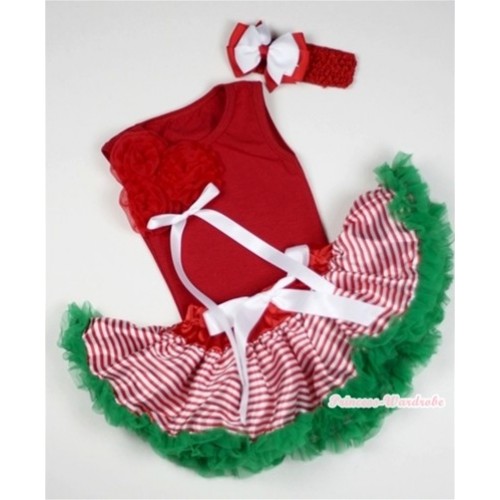 Red Baby Pettitop with Bunch of Red Rosettes&White Bow with Red White Striped mix Christmas Green Newborn Pettiskirt &RedHeadband Red White Bow 3PC Set NG1069 