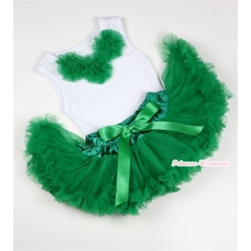 White Baby Pettitop with Kelly Green Rosettes with Kelly Green Newborn Pettiskirt NG1071 