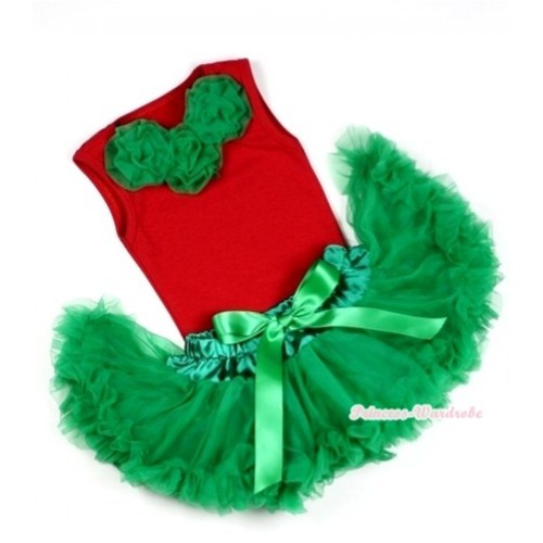 Red Baby Pettitop &Kelly Green Rosettes with Kelly Green Newborn Pettiskirt NG1074 