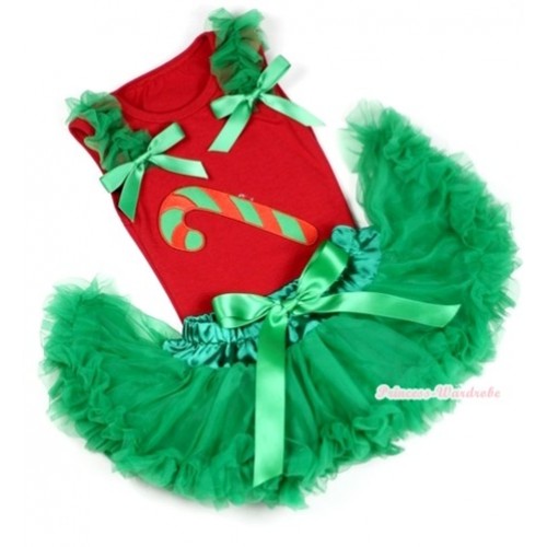 Red Baby Pettitop In Christmas Stick Print with Kelly Green Ruffles Kelly Green Bow with Kelly Green Baby Pettiskirt NG1077 