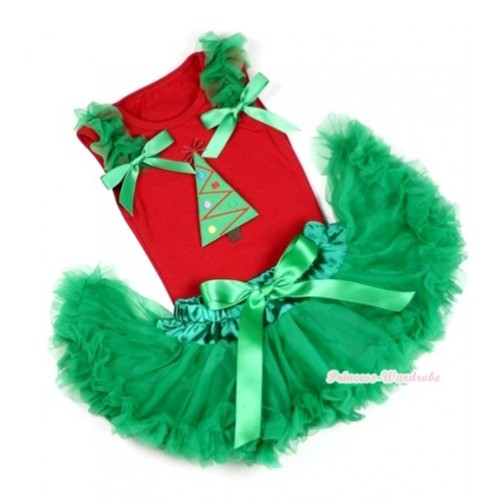 Red Baby Pettitop In Christmas Tree Print with Kelly Green Ruffles Kelly Green Bow with Kelly Green Baby Pettiskirt NG1078 