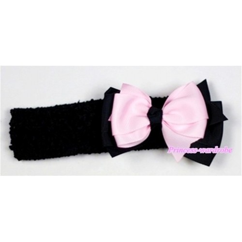Black Headband with Light Pink &Black Ribbon Hair Bow Clip H502 
