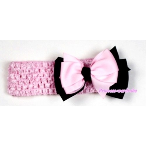 Light Pink Headband with Light Pink &Black Ribbon Hair Bow Clip H503 