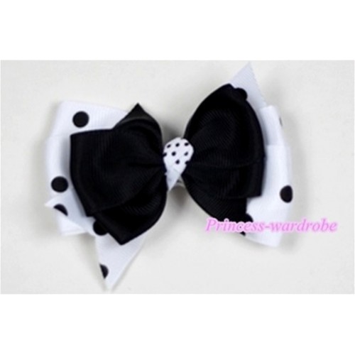 Black & White Black Polka Dots Ribbon Bow Hair Clip H499 