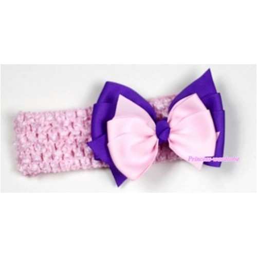 Light Pink Headband with Light Pink &Dark Purple Ribbon Hair Bow Clip H506 