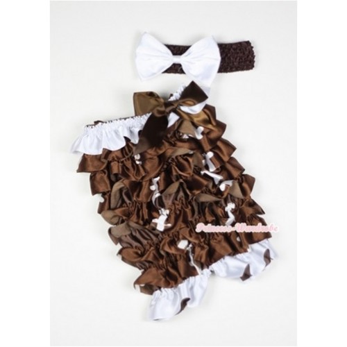 Rugby Petti Romper with Brown Bow and Brown Headband White Bow Set RH86 