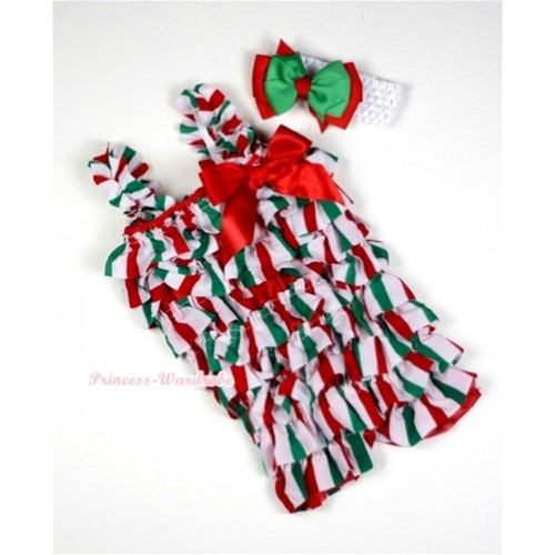 Christmas Stick Petti Romper with Red Bow & Straps with White Headband Red Green Bow Set RH89 