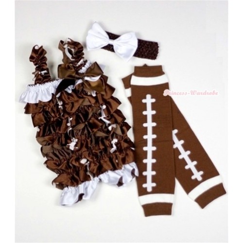 Rugby Romper With Brown Bow & Straps With Rugby Leg Warmer with Headband Set RH90 