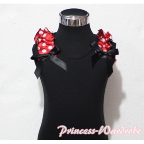 Black Tank Top with Black Ribbon and Red White Polka Dot ruffles T317 