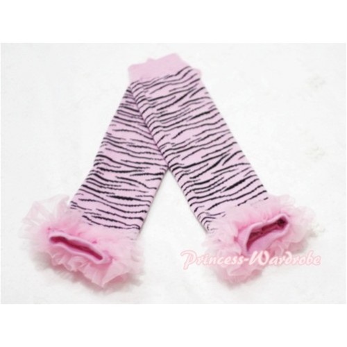 Newborn Baby Light Pink Zebra Leg Warmers Leggings with Pink Ruffles LG45 