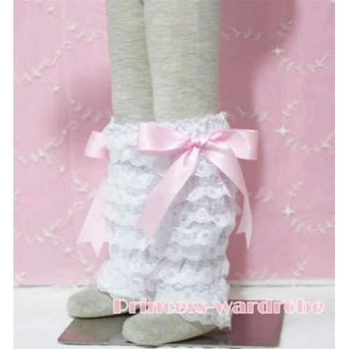 Baby White Lace Leg Warmers Leggings with Pink Ribbon LG51 