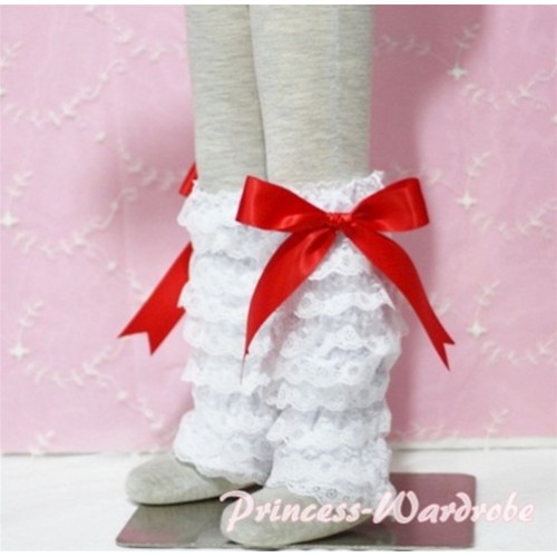 Baby White Lace Leg Warmers Leggings with Red Ribbon LG52 