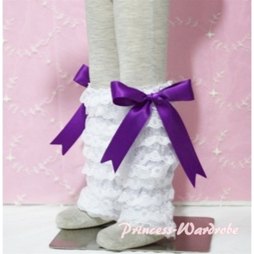 Baby White Lace Leg Warmers Leggings with Dark Purple Ribbon LG54 