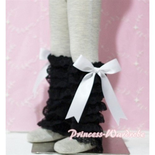 Baby Black Lace Leg Warmers Leggings with White Ribbon LG69 