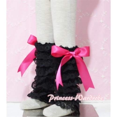Baby Black Lace Leg Warmers Leggings with Hot Pink Ribbon LG74 