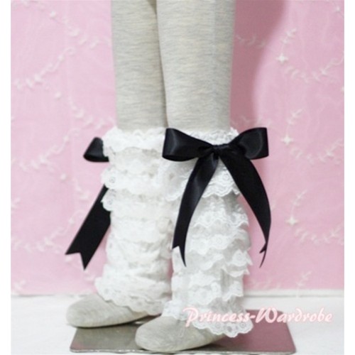 Baby Cream White Lace Leg Warmers Leggings with Black Ribbon LG78 