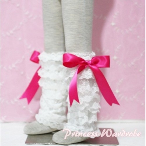 Baby Cream White Lace Leg Warmers Leggings with Hot Pink Ribbon LG79 
