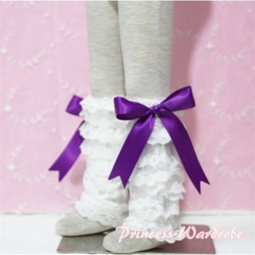 Baby Cream White Lace Leg Warmers Leggings with Purple Ribbon LG81 