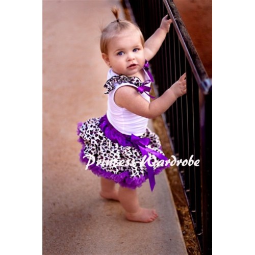 White Baby Pettitop & Dark Purple Leopard Ruffles & Dark Purple Bow with Dark Purple Leopard Baby Pettiskirt NG134 