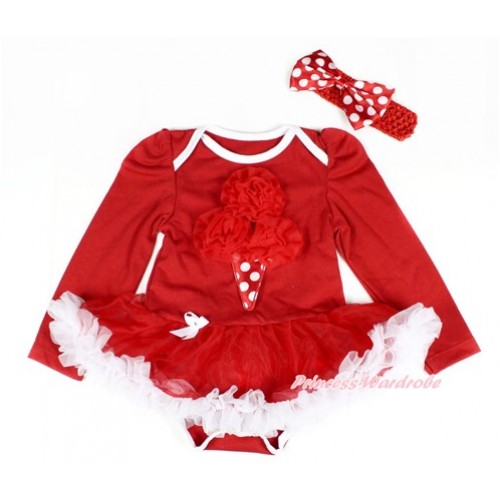 Red Long Sleeve Baby Bodysuit Jumpsuit Red White Pettiskirt With Red Rosettes Minnie Dots Ice Cream Print & Red Headband Minnie Dots Stin Bow JS2394 