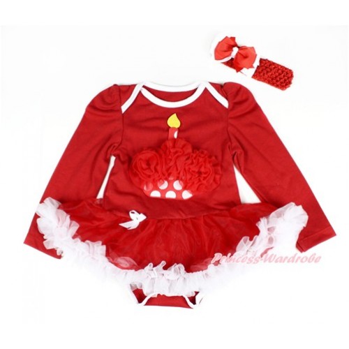 Red Long Sleeve Baby Bodysuit Jumpsuit Red White Pettiskirt With Red Rosettes Minnie Dots Birthday Cake Print & Red Headband Red White Ribbon Bow JS2395 