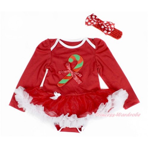 Xmas Red Long Sleeve Baby Bodysuit Jumpsuit Red White Pettiskirt With Chritmas Stick Print & Minnie Dots Bow & Red Headband Minnie Dots Satin Bow JS2396 