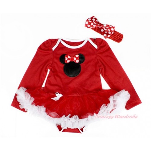 Red Long Sleeve Baby Bodysuit Jumpsuit Red White Pettiskirt With Minnie Print Red Headband Minnie Dots Satin Bow JS2398 