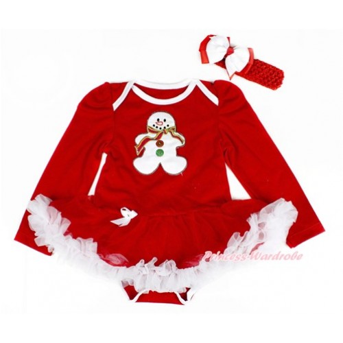 Xmas Red Long Sleeve Baby Bodysuit Jumpsuit Red White Pettiskirt With Christmas Gingerbread Snowman Print Red Headband White Red Ribbon Bow JS2400 