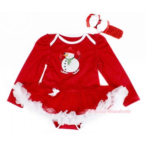 Xmas Red Long Sleeve Baby Bodysuit Jumpsuit Red White Pettiskirt With Ice-Skating Snowman Print Red Headband White Red Ribbon Bow JS2401 