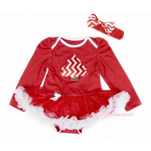 Xmas Red Long Sleeve Baby Bodysuit Jumpsuit Red White Pettiskirt With Red  White Wave Christmas Tree Print Red Headband Red White Wave Satin Bow JS2402 