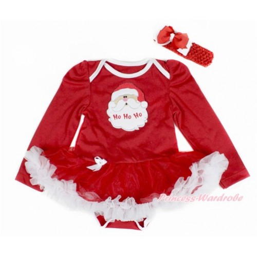 Xmas Red Long Sleeve Baby Bodysuit Jumpsuit Red White Pettiskirt With Santa Claus Print Red Headband Red White Ribbon Bow JS2403 