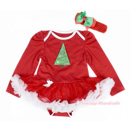 Xmas Red Long Sleeve Baby Bodysuit Jumpsuit Red White Pettiskirt With Christmas Tree Print Red Headband Kelly Green Red Ribbon Bow JS2405 