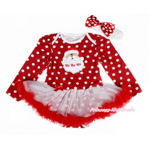 Xmas Minnie Dots Long Sleeve Baby Bodysuit Jumpsuit White Red Pettiskirt With Santa Claus Print & White Headband Minnie Dots Satin Bow JS2407 