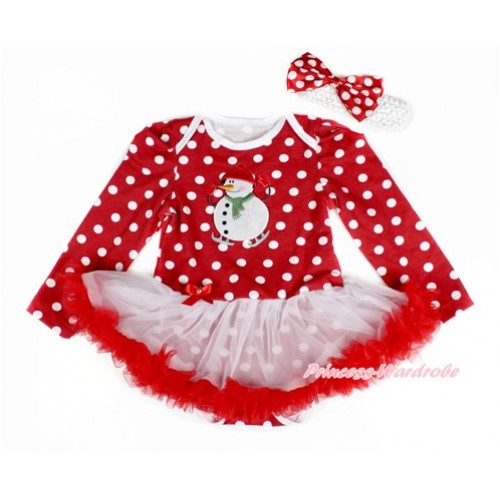 Xmas Minnie Dots Long Sleeve Baby Bodysuit Jumpsuit White Red Pettiskirt With Ice-Skating Gingerbread Snowman Print & White Headband Minnie Dots Satin Bow JS2408  