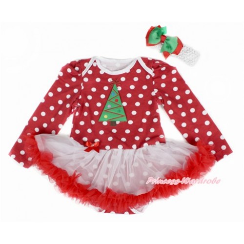Xmas Minnie Dots Long Sleeve Baby Bodysuit Jumpsuit White Red Pettiskirt With Christmas Tree Print & White Headband Kellty Green Red Ribbon Bow JS2412 