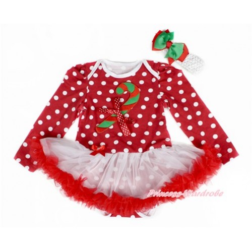 Xmas Minnie Dots Long Sleeve Baby Bodysuit Jumpsuit White Red Pettiskirt With Christmas Stick Print & Minnie Dots Bow & White Headband Kellty Green Red Ribbon Bow JS2414 