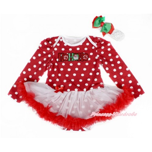 Xmas Minnie Dots Long Sleeve Baby Bodysuit Jumpsuit White Red Pettiskirt With HOHOHO Santa Claus Print & White Headband Kellty Green Red Ribbon Bow JS2415 