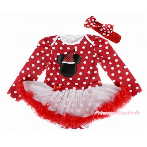 Xmas Minnie Dots Long Sleeve Baby Bodysuit Jumpsuit White Red Pettiskirt With Christmas Minnie Print & Red Headband Minnie Dots Satin Bow JS24166 