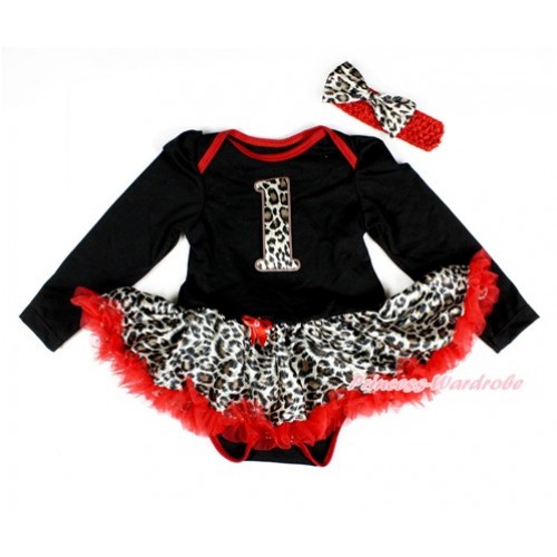 Black Long Sleeve Baby Bodysuit Jumpsuit Leopard Red Pettiskirt With 1st Leopard Birthday Number Print & Red Headband Leopard Satin Bow JS2422 